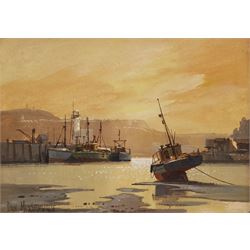 Don Micklethwaite (British 1936-): Sunset Scarborough Harbour, oil on board signed 21cm x 29cm