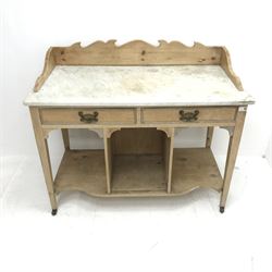 Victorian pine washstand with marble top, raised shaped back, two drawers, square tapering supports joined by undertier, W107cm, H89cm, D54cm