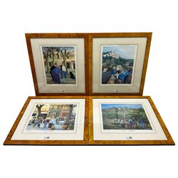 Margaret Loxton (British 1938-): 'The Celebration', limited edition colour print signed and numbered 123/1950 in pencil 37cm x 48cm; 'Olives & Sunflowers', 'Café de France', 'Lavender Harvest - Lacoste' and 'Boules Players', set four limited edition colour prints signed and numbered 335/1950 in pencil max 28cm x 34cm (5)