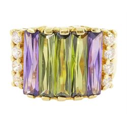 18ct gold purple and green paste stone set ring, with white paste stone sides, stamped 750