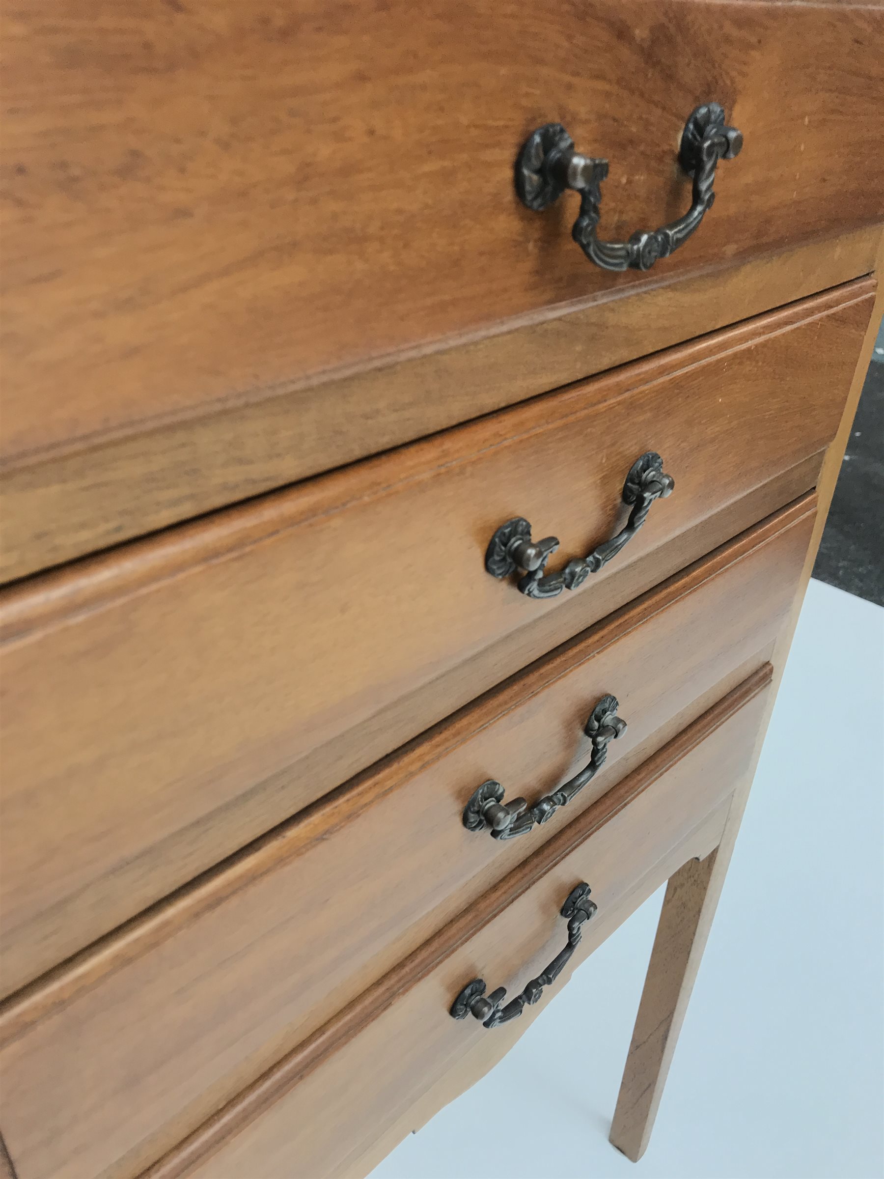 Edwardian mahogany music cabinet, raised back, four fall front drawers on square tapering supports, W51cm, H92cm, D36cm