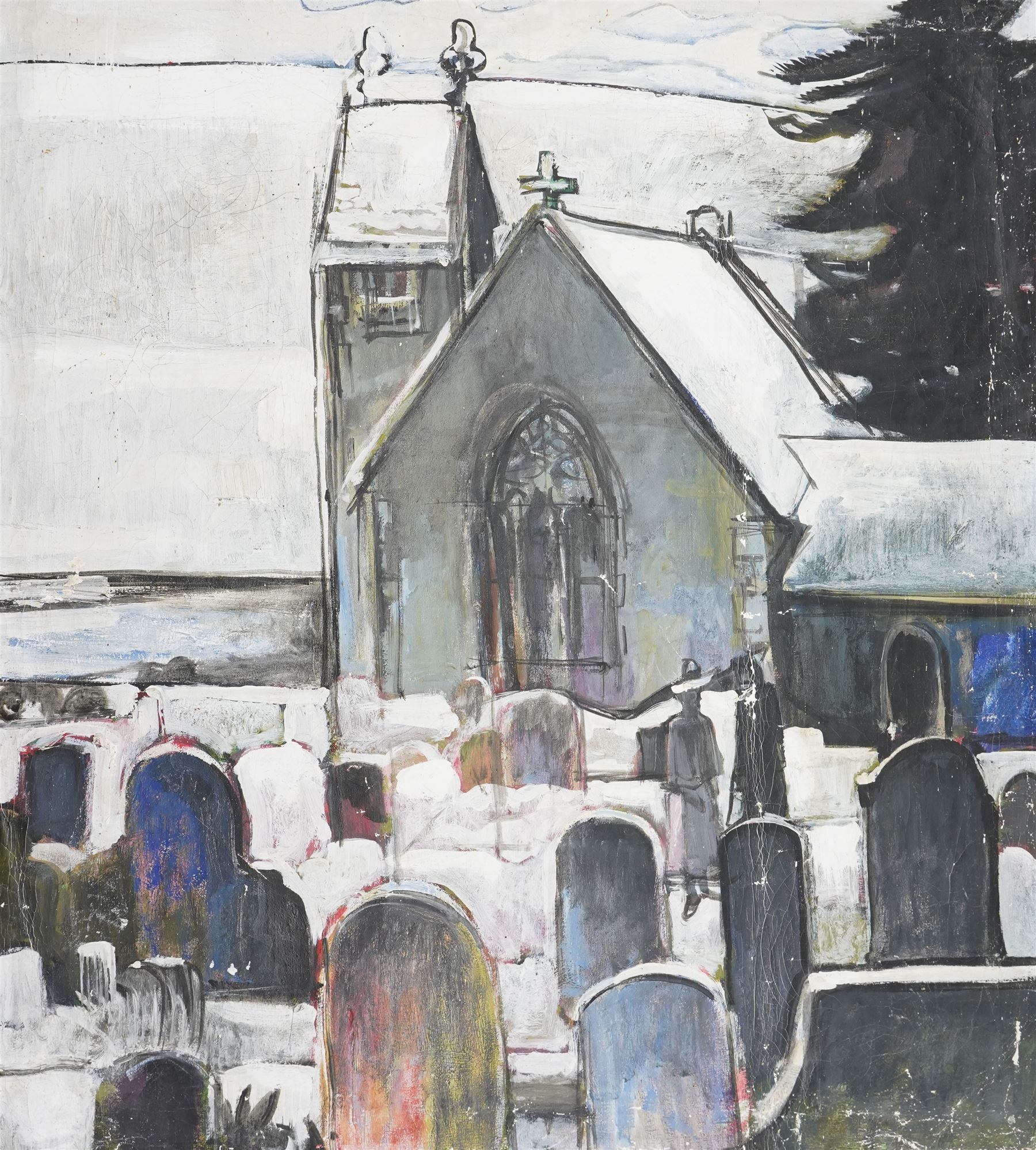 John Gilbey Bowles (British 1929-2011): 'The Church That Died', oil on unstretched canvas signed inscribed and dated 1977 verso 86cm x 76cm (unframed)