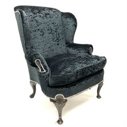 20th century wing back armchair upholstered in charcoal crushed velvet fabric