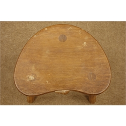  'Mouseman' oak three legged stool, dished adzed seat, by Robert Thompson of Kilburn, W37cm  