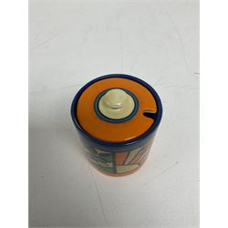 Clarice Cliff Fantasque for Wilkinson Pottery preserve pot, circa 1928, of drum form decorated in Sunray Leaves pattern, H8cm