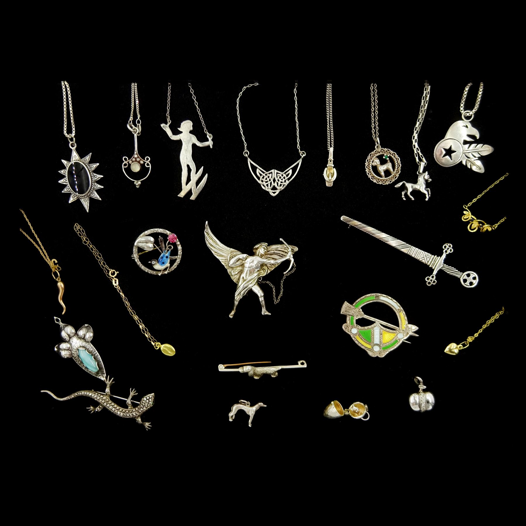 Gold sapphire pendant necklace, coffee bean bracelet and two other necklaces, all 9ct, silver and stone set silver jewellery including Eros brooch by D.H. Phillips, spaniel brooch, pendant necklaces, brooches and charms 