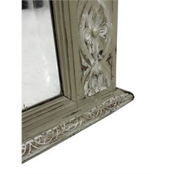 Victorian green and white painted mirror, rectangular bevelled plate within a moulded frame carved in relief with a continuous band of flowerhead roundels, the upper section with stepped cornice and leaf carved frieze  