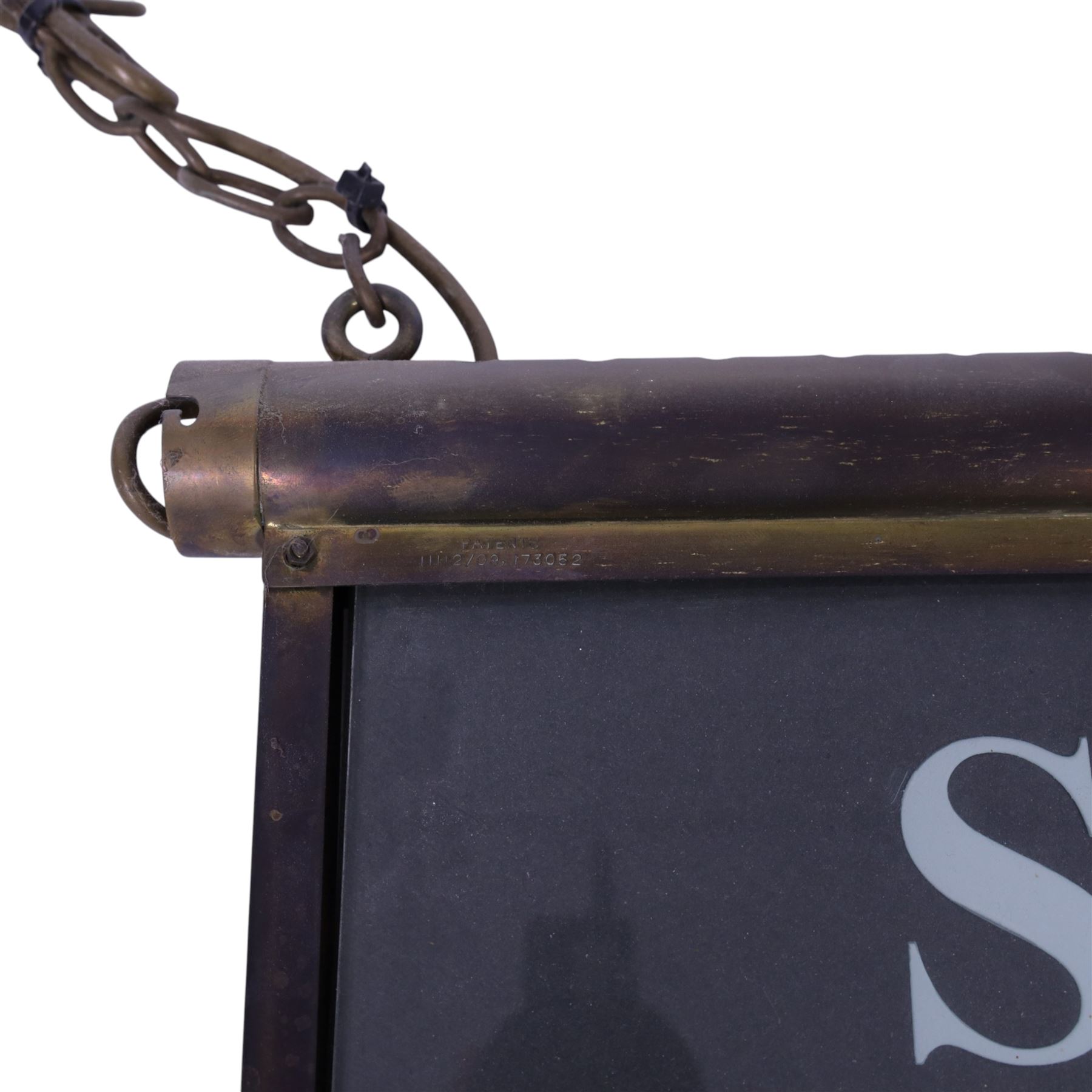 Early 20th century brass ceiling hanging illuminated sign 'sale room', H27cm, L48cm