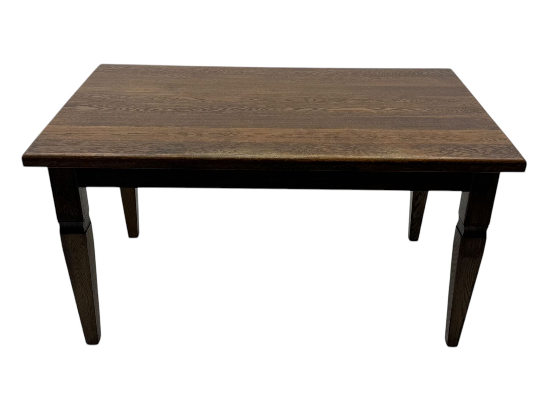 Mid-20th century Dutch oak dining table, rectangular top raised on square supports with tapered sections; four ladderback dining chairs, on turned supports with H-stretchers