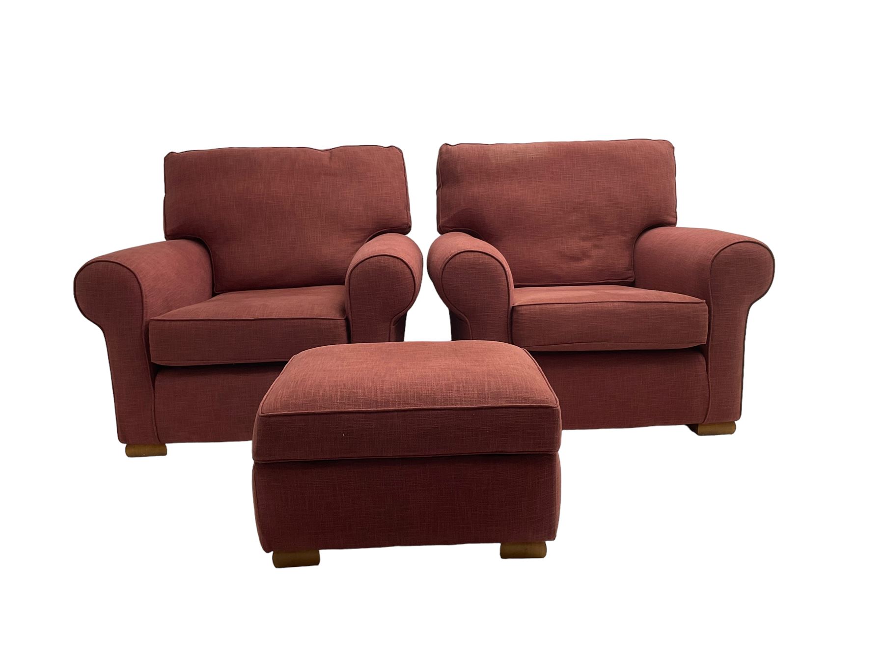 Multiyork - traditional three seat sofa upholstered in claret red fabric (W200cm H80cm); and pair matching armchairs (W103cm) 