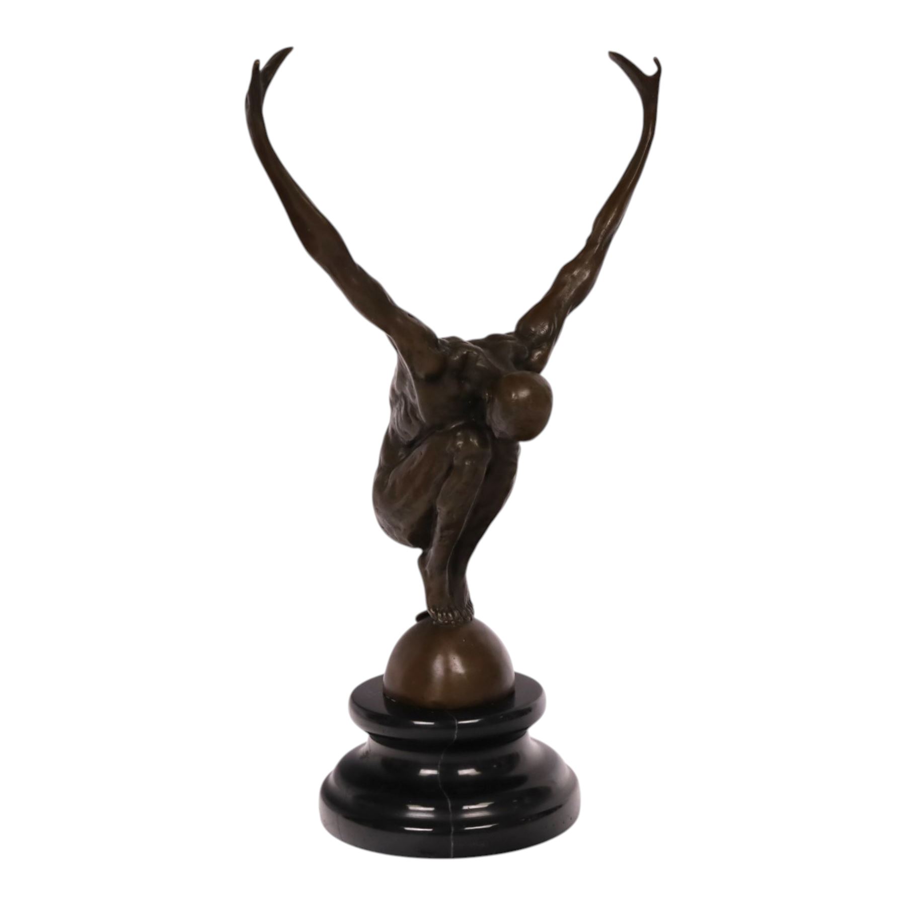 After Milo - bronze figure of a man in perfect balance, bearing signature and foundry mark, overall H29cm