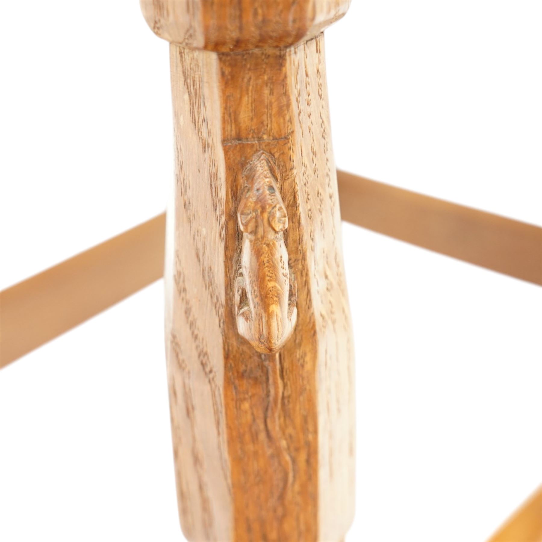 Mouseman - 1950s dark oak dressing table stool, the rectangular top with tan leather seat, raised on octagonal supports united by box stretcher, carved with mouse signature, by the workshop of Robert Thompson of Kilburn
