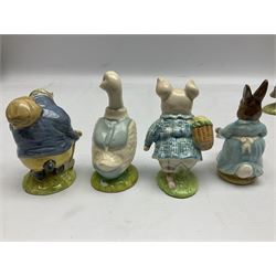 Six Beswick Beatrix Potter figures, comprising Miss Moppet, Tommy Brock, Peter Rabbit, Cecily Parsley, Mr Drake Puddle-Duck, Amiable Guinea Pig, together with four Royal Albert figures, Hunca Munca, Lady Mouse made a curtsy, Little Pig Robinson and Mr McGregor, all with printed mark beneath  (10)
