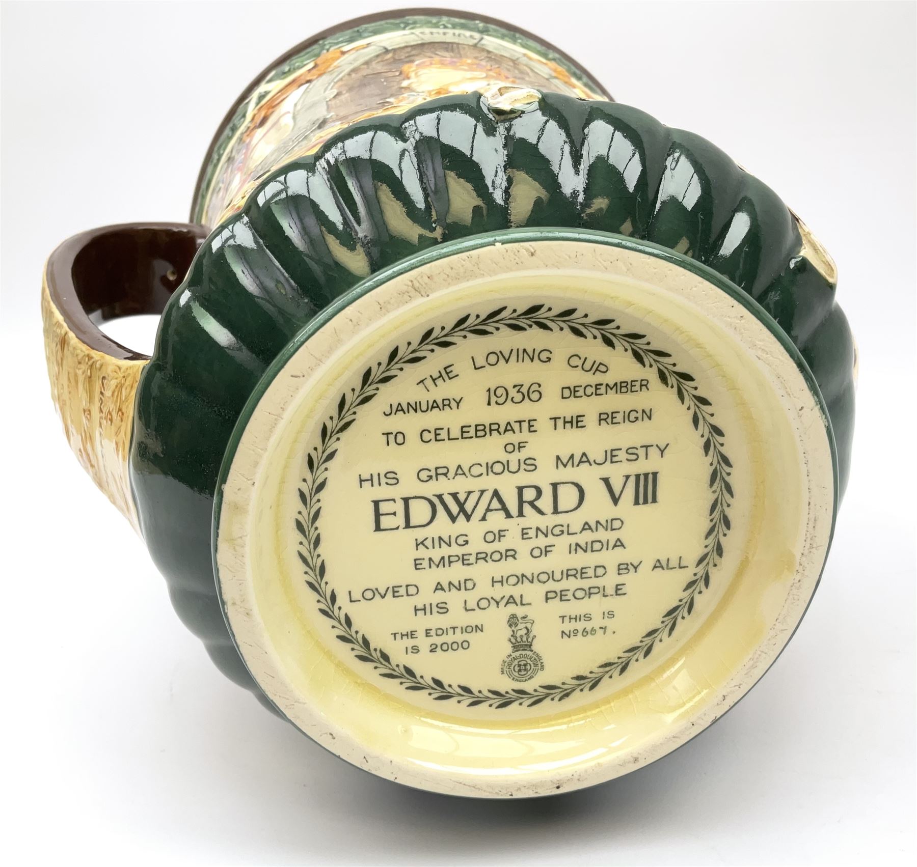 A Royal Doulton Charles Noke and Harry Fenton limited edition Coronation Loving Cup for Edward VIII, 1937, relief moulded with St George to one side and King Edward to the other, with printed marks beneath and numbered 667 of 2000, H26cm. 