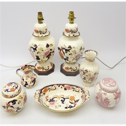  Pair Masons Mandalay lamp bases, H40cm, matching ginger jar, vase, two-handled dish and jug & Masons transfer print ginger jar (7)  