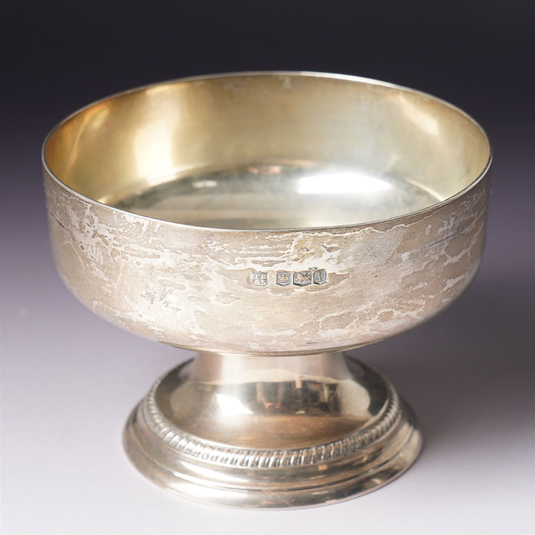 Silver circular bowl on pedestal stem and gadrooned  foot D11.5cm Sheffield 1926 Maker Thomas Bradbury & Sons Ltd
