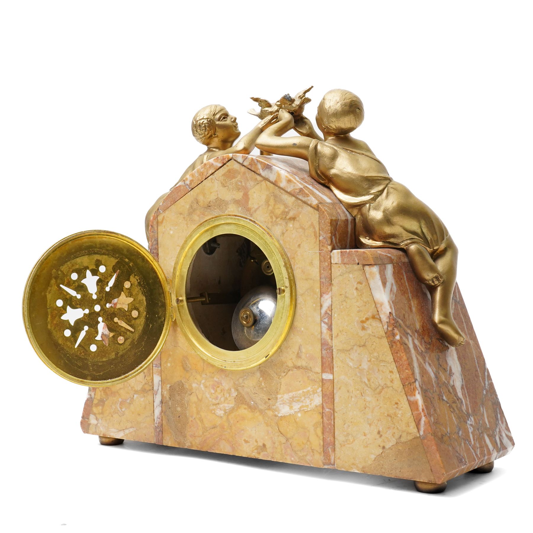 French Art Deco mantel clock, the white dial inscribed Loudeac, with bell strike in marble case surmounted by two gilt metal figures holding doves H26cm x W30cm