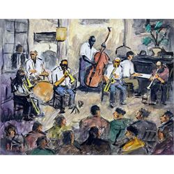 Charles T Stepule (American 1911-2006): 'Preservation Hall' Jazz Band New Orleans, acrylic on canvas laid onto board signed, titled and dated 1992 verso 39cm x 49cm 
