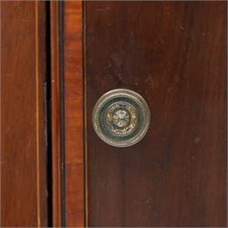 Edwardian mahogany pot cupboard, with three quarter galleried top, single cupboard door, raised on square tapering supports terminating in spade feet