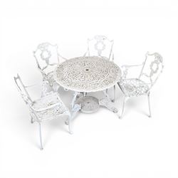 Victorian design cast aluminium circular garden table and four armchairs, ornate grape design in antique white paint
