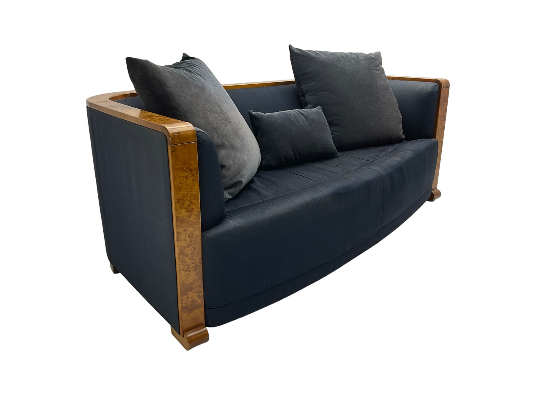 Thörmer Polstermöbel - Art Deco style sofa, of curved tapering form, framed in figured burr elm, upholstered in blue fabric with loose cushions