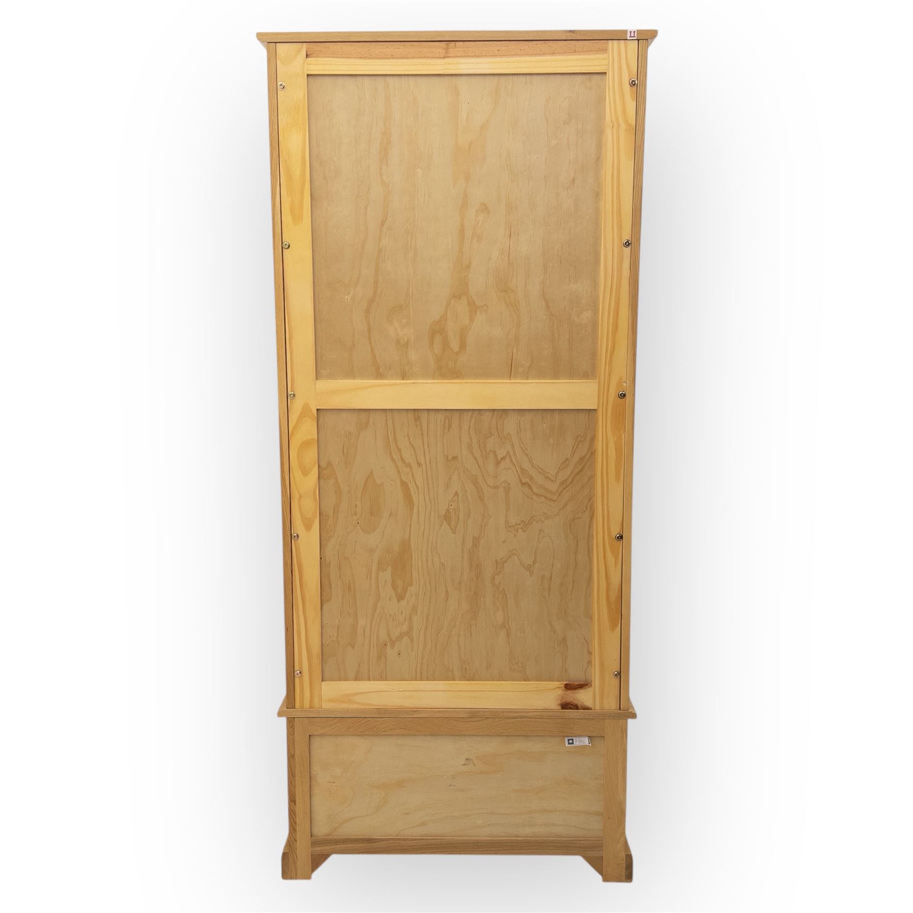 Cotswold & Co - contemporary light oak double wardrobe, plain rectangular form with twin panelled doors enclosing hanging interior, single full-width drawer below fitted with wooden knobs, on moulded plinth base
