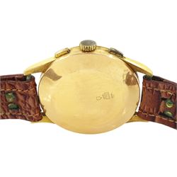Chronographe Suisse gentleman's 18ct gold manual wind chronograph wristwatch, circa 1950, silvered dial with dagger and Arabic hour markers, subsidiary dials at 3 and 9 for seconds and 30 minute recording, stamped 18K 750 with Helvetia hallmark, on brown leather strap