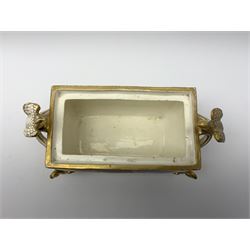 19th century Coalport bough pot, circa 1820, of bombe form, the body with twin handles surmounted by two birds and raised upon four feet modelled as swans, hand painted with two panels depicting an urn of flowers set against a mountainous landscape, the whole heightened in gilt throughout, H13cm L21cm