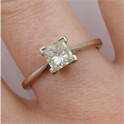 White gold single stone princess cut diamond ring, stamped 18ct, diamond approx 0.75 carat with 2011 receipt 
