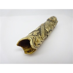  Japanese stained bone hilt or handle carved as a warrior holding a sword, L11.5cm   