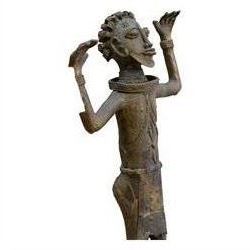 Pair of Benin bronze statures, modelled as a male and female, with armed raised, upon a square base, H76cm