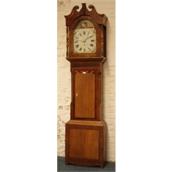  Early 19th century oak and mahogany longcase clock with walnut burr frieze, 30-day movement with enamel dial, painted with lady with a sickle, H233cm  