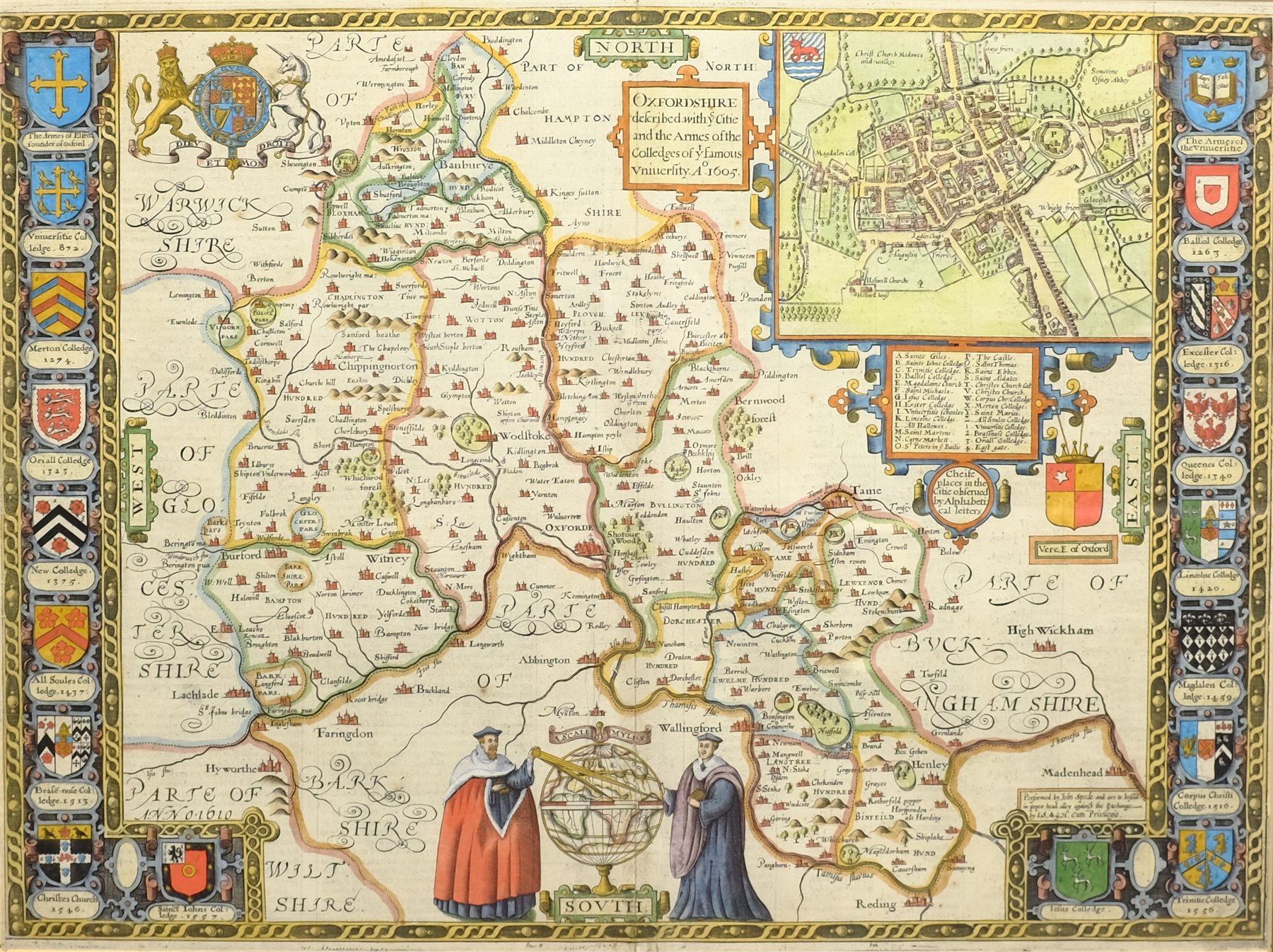 John Speed (British 1552-1629): 'Oxfordshire described with ye Citie and the Armes of the Colledges of yt famous University [sic]', engraved map with later hand-colouring pub. John Sudbury & George Humble, London 1605 [c.1610]  40cm x 53cm