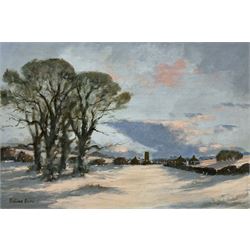 William Burns (British 1923-2010): 'The Anvil Cloud - A Norfolk Village', oil on board signed 32cm x 48cm (unframed)
Provenance: direct from the artist's family. Born in Sheffield in 1923, William Burns RIBA FSAI FRSA studied at the Sheffield College of Art, before the outbreak of the Second World War during which he helped illustrate the official War Diaries for the North Africa Campaign, and was elected a member of the Armed Forces Art Society. On his return to England, he studied architecture at Sheffield University and later ran his own successful practice, being a member of the Royal Institute of British Architects. However, painting had always been his self-confessed 'first love', and in the 1970s he gave up architecture to become a full-time artist, having his first one-man exhibition in 1979.