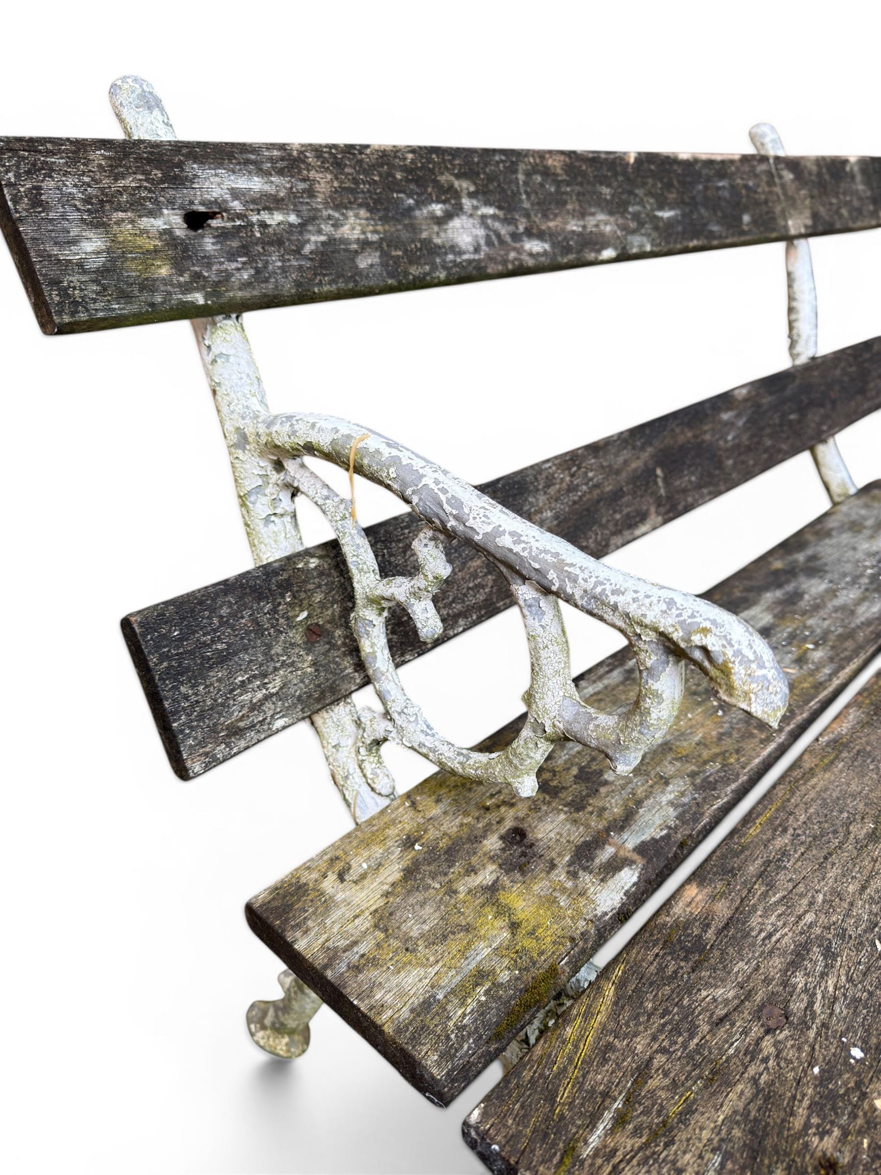 Early 20th century three section cast metal and wood slatted garden bench