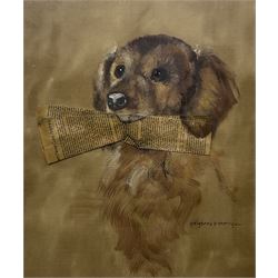 Pollyanna Pickering (British 1942-2018): Puppy with a Newspaper, mixed media signed 45cm x 38cm