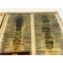 R & J Beck London microscope, model 7597, contained in fitted case, together with a boxed collection of glass microscope biological sample slides