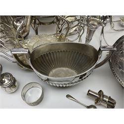 Silver plated epergne vase with seven vases, together with silver plated spirit  kettle and other silver plate, epergne H28cm