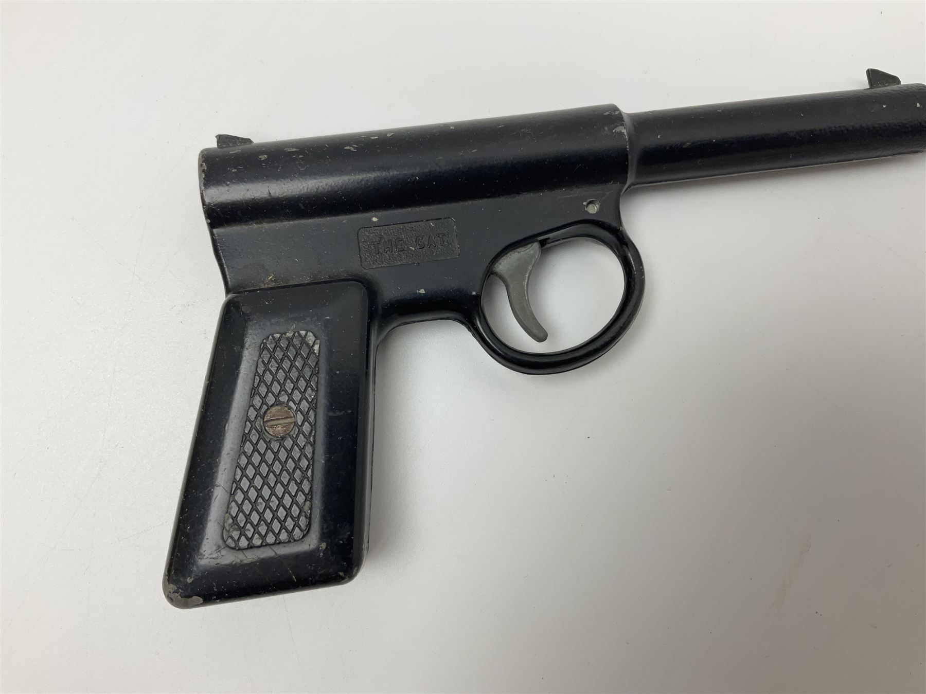 Webley & Scott Premier .177 over lever air pistol, no.2360, with chequered bakelite grip L24cm overall; Diana SP50 .177 plunge barrel air pistol; and T.J. Harrington & Son 'The Gat' .177 plunge barrel air pistol; NB: AGE RESTRICTIONS APPLY TO THE PURCHASE OF THIS LOT (3)