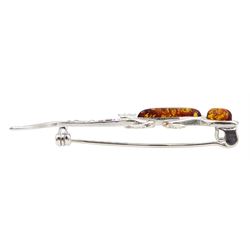 Silver Baltic amber and cubic zirconia lizard brooch, stamped 925 