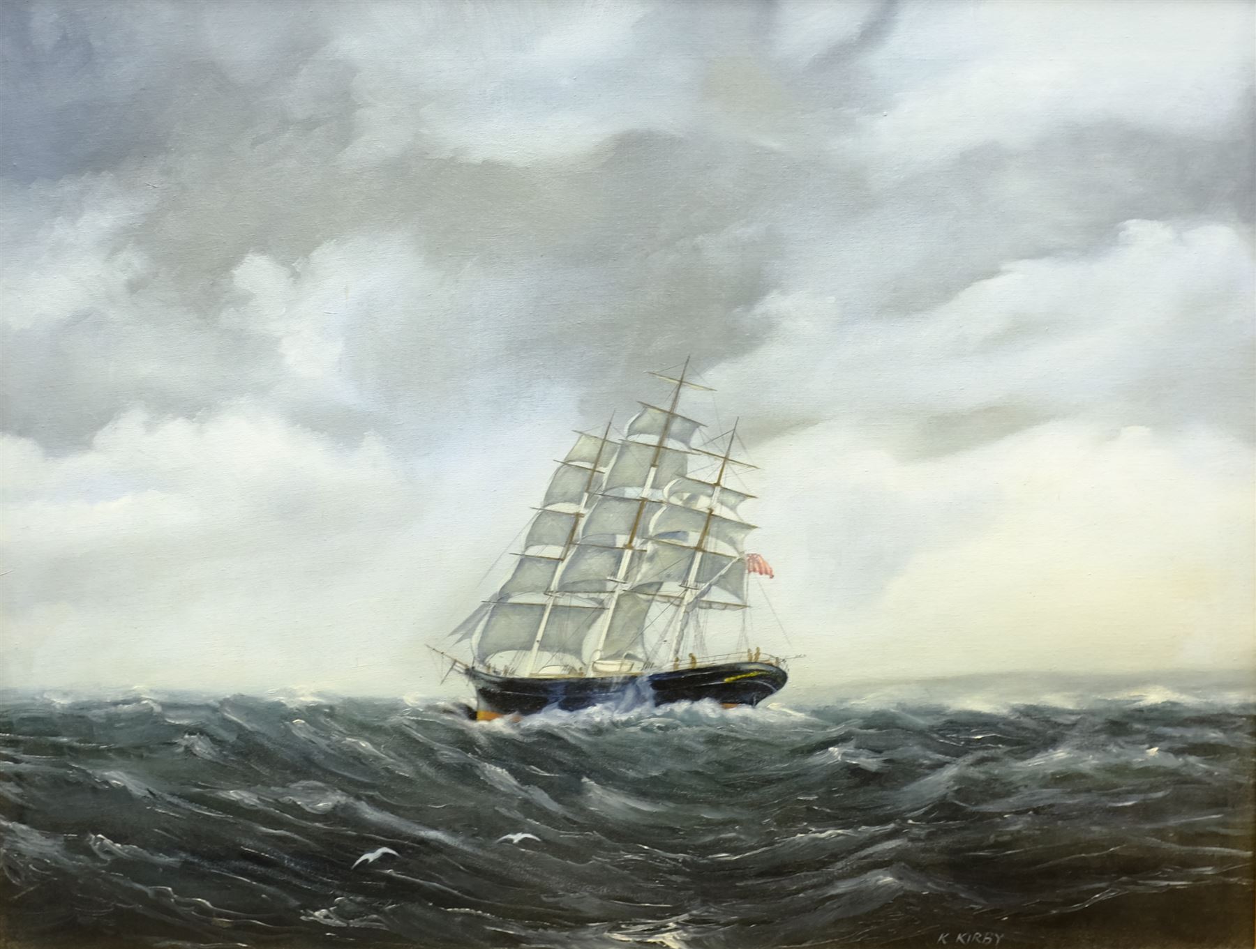 K Kirby (20th century): 'Mighty Sea', oil on board signed, titled verso 49cm x 65cm; C Alexis (20th century): Sailing Barge Becalmed, oil on canvas signed 50cm x 60cm (2)