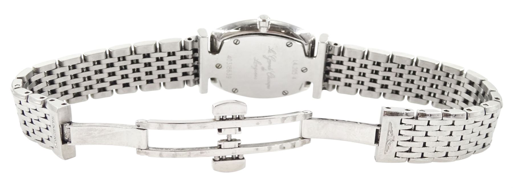 Longines La Grande Classique ladies stainless steel quartz wristwatch, Ref. L4 205 4, white dial with Roman numeral hour markers, on stainless steel bracelet, with fold-over clasp, boxed with guarantee card dated 2014