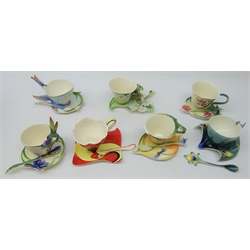  Seven Franz sculptured porcelain cup, saucer & spoon sets comprising Blossom-Rose, Peacock, Dragonfly, Hummingbird, Autumn Lily, Ladybug and Butterfly - all boxed    