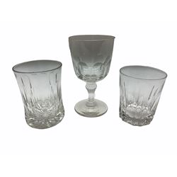 A group of 19th century and later drinking glasses, to include a toastmasters style glass with deceptive faceted bowl, H12cm, rummer upon baluster stem, two tumblers, etc.(8).