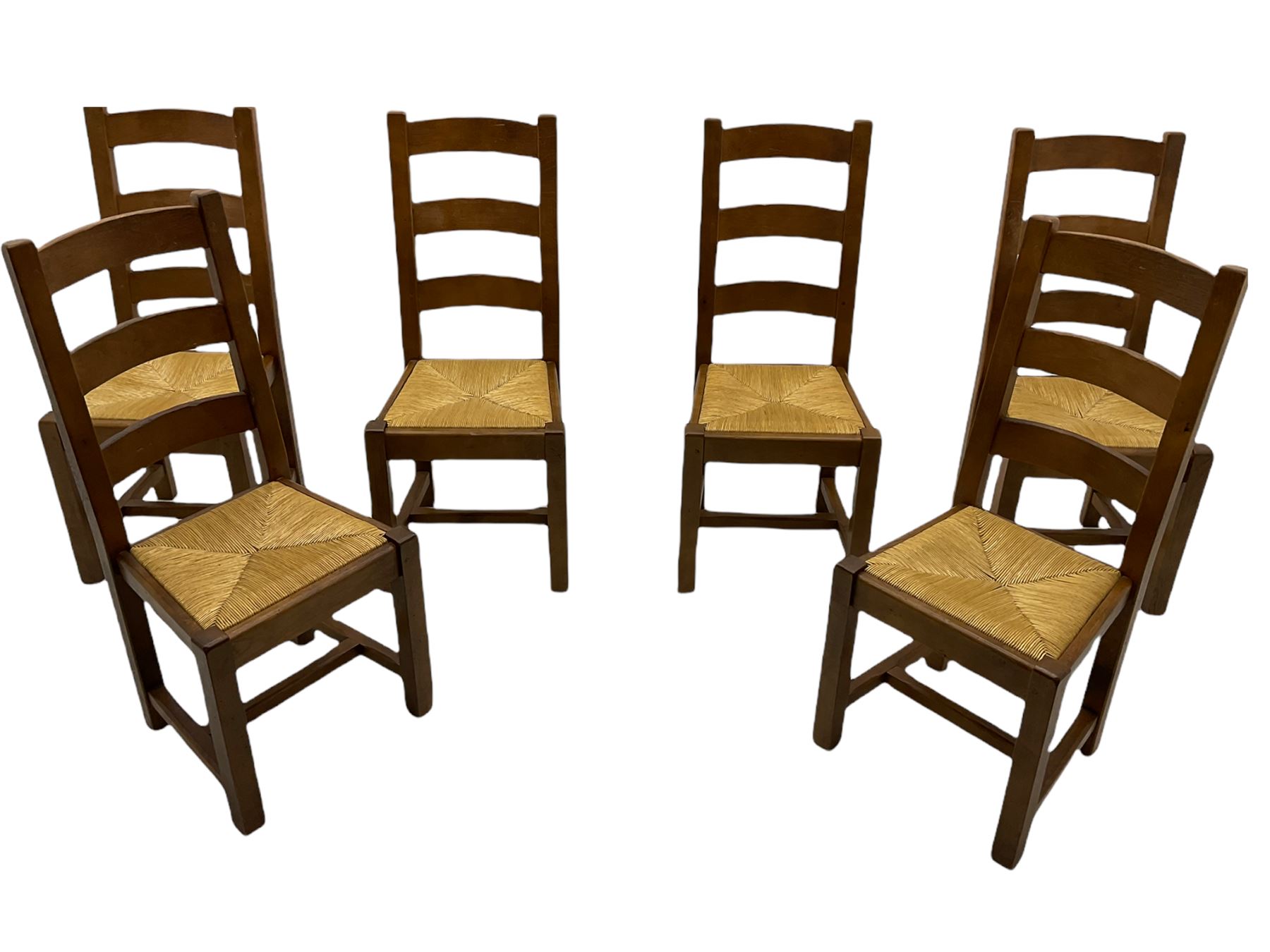Antix French oak dining table with two leaves, two frieze drawers;, and six ladder back chairs with rush seats