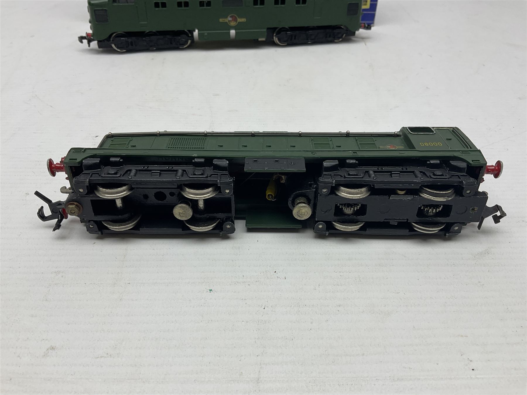 Hornby Dublo - three-rail - Deltic Type Diesel Co-Co locomotive with instructions and guarantee; and Class 20 1000 B.H.P. Bo-Bo Diesel Electric locomotive No.D8000; both in BR green; and each in original blue striped box (2)


