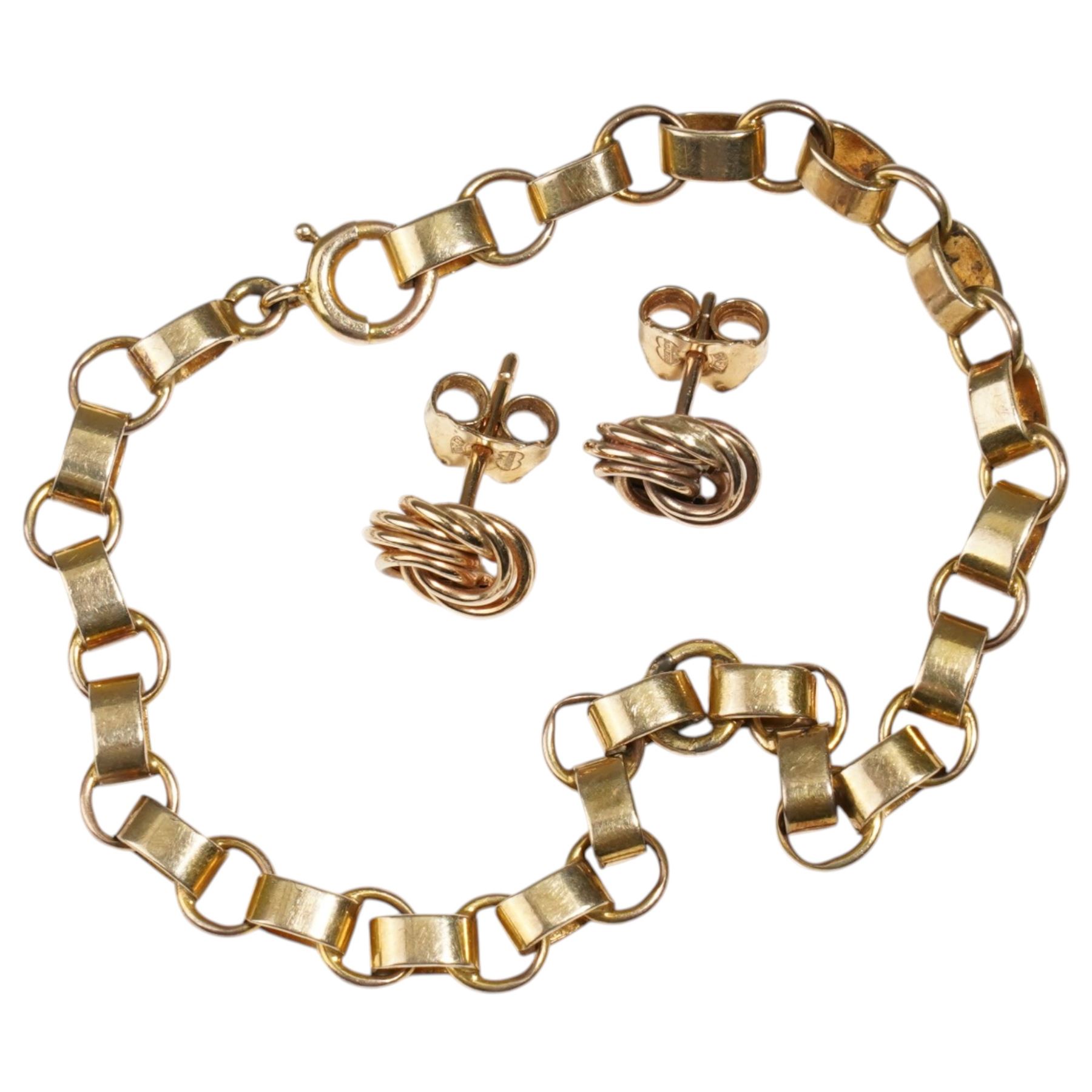 Early 20th century gold cable link chain bracelet and a pair of rose gold knot earrings, both 9ct 