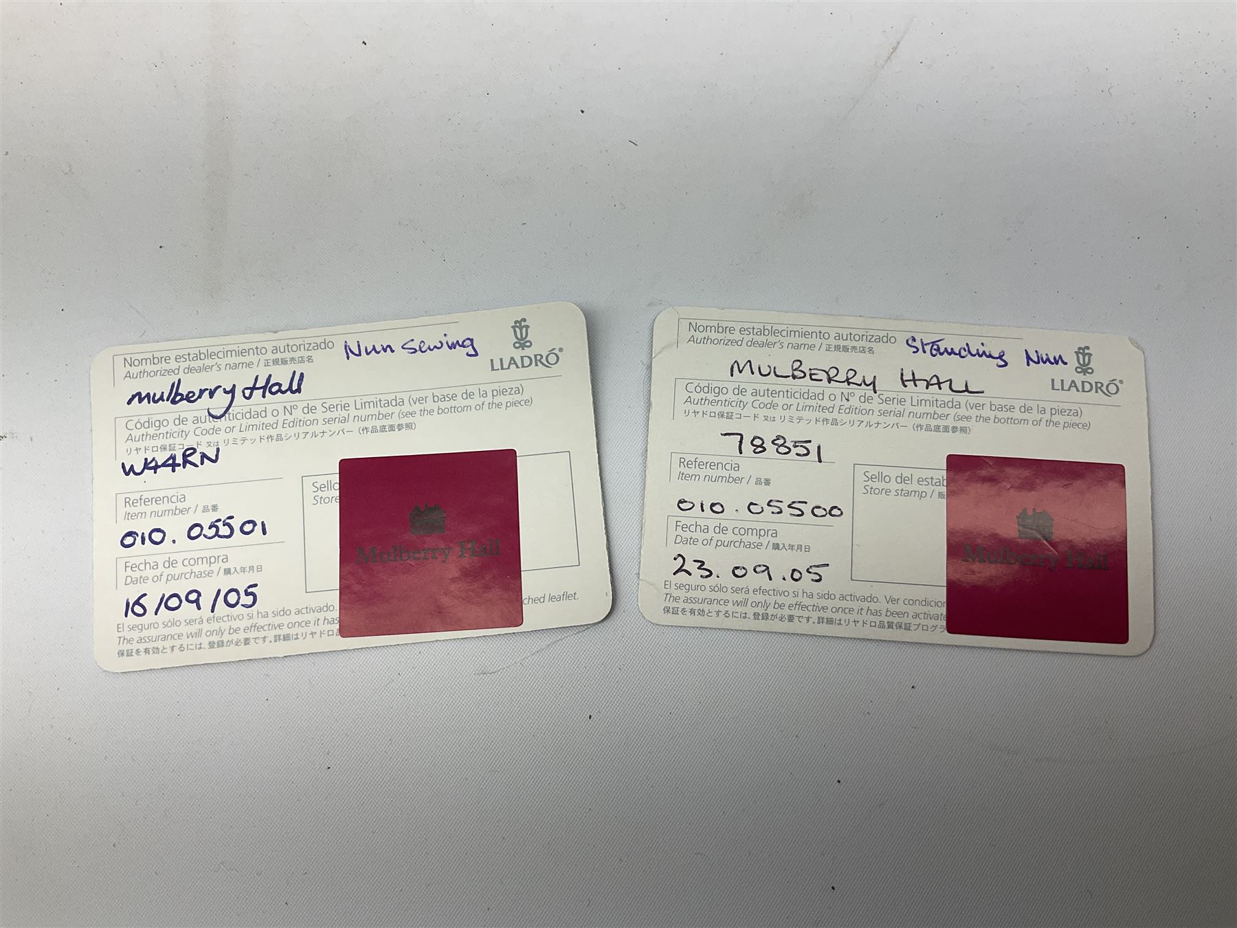 Three Lladro figures of nuns comprising Prayerful Moment no. 5500, Time to Sew no. 5501 and Two Nuns model no. 4611, together with figure of a monk no. 2060, and further Lladro bell figure