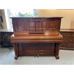 Bluthner of Leipzig - Early 20th century overstrung upright piano, serial number 79496 (1910), in a mahogany case with three front case panels and folding music desk, with 85 keys (seven octaves) underdamper action, original hammers, stringing, tuning pins, dampers and felts, with sostenuto and sustain pedals. Julius Bluthner was considered to be one of the the best makers of German upright pianos in the early 20th century both for tone quality and build. 

This item has been registered for sale under Section 10 of the APHA Ivory Act.