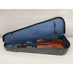 Late 19th century French three-quarter size 'Conservatory' violin with 34cm two-piece maple back and ribs and spruce top, the peg box inscribed 'Conservatory Violin Straduari', bears label 'Antonius Stradiuarius Cremonensis Faciebat Anno 1721' L55.5cm overall; in ebonised wooden 'coffin' case; and Saxony violin c1900 with 36cm two-piece maple back and ribs and spruce top; bears label 'Antonius Stradivarius Cremonensis Faciebat Anno 17**' L59cm overall; in carrying case (2)